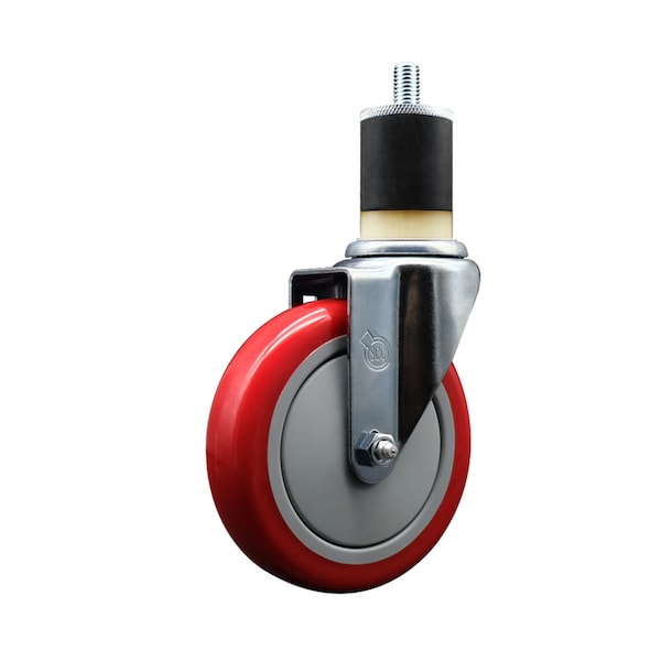 5'' SS Red Poly Wheel Swivel 1-7/8'' Expanding Stem Caster